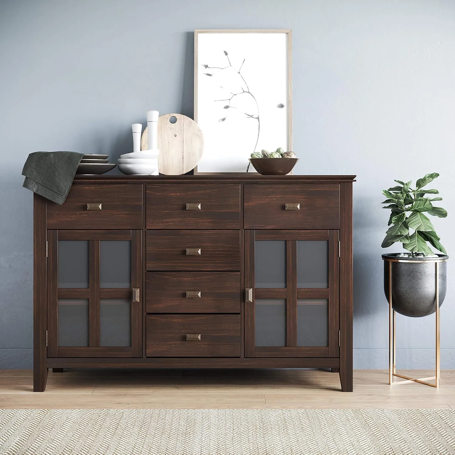 SIMPLIHOME Artisan Buffet - 54 inch Wide Solid Wood 3-Door Sideboard Buffet in Dark Chestnut Brown, Transitional Storage Cabinet for Dining Room or Kitchen with Adjustable Shelves and Bronze Hardware