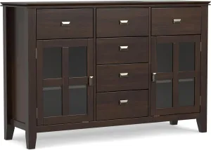 SIMPLIHOME Artisan Buffet - 54 inch Wide Solid Wood 3-Door Sideboard Buffet in Dark Chestnut Brown, Transitional Storage Cabinet for Dining Room or Kitchen with Adjustable Shelves and Bronze Hardware
