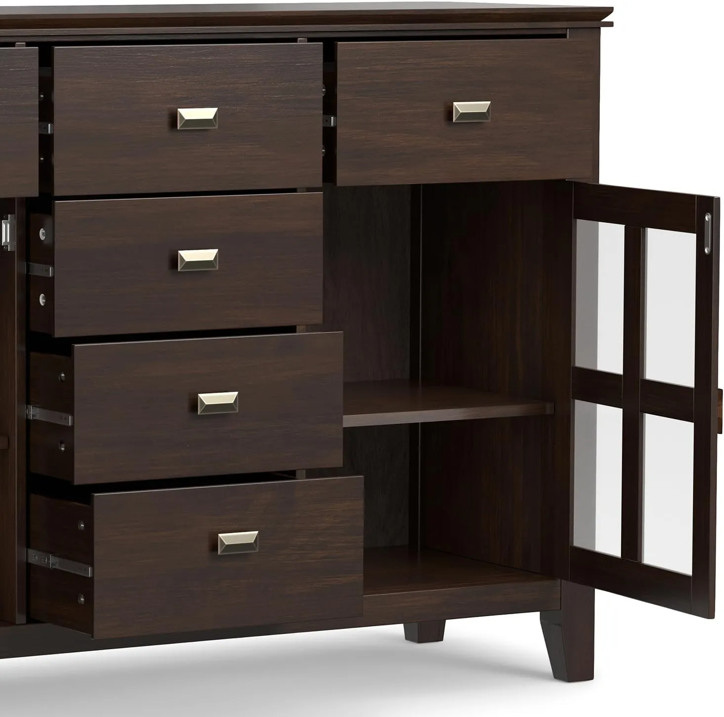 SIMPLIHOME Artisan Buffet - 54 inch Wide Solid Wood 3-Door Sideboard Buffet in Dark Chestnut Brown, Transitional Storage Cabinet for Dining Room or Kitchen with Adjustable Shelves and Bronze Hardware