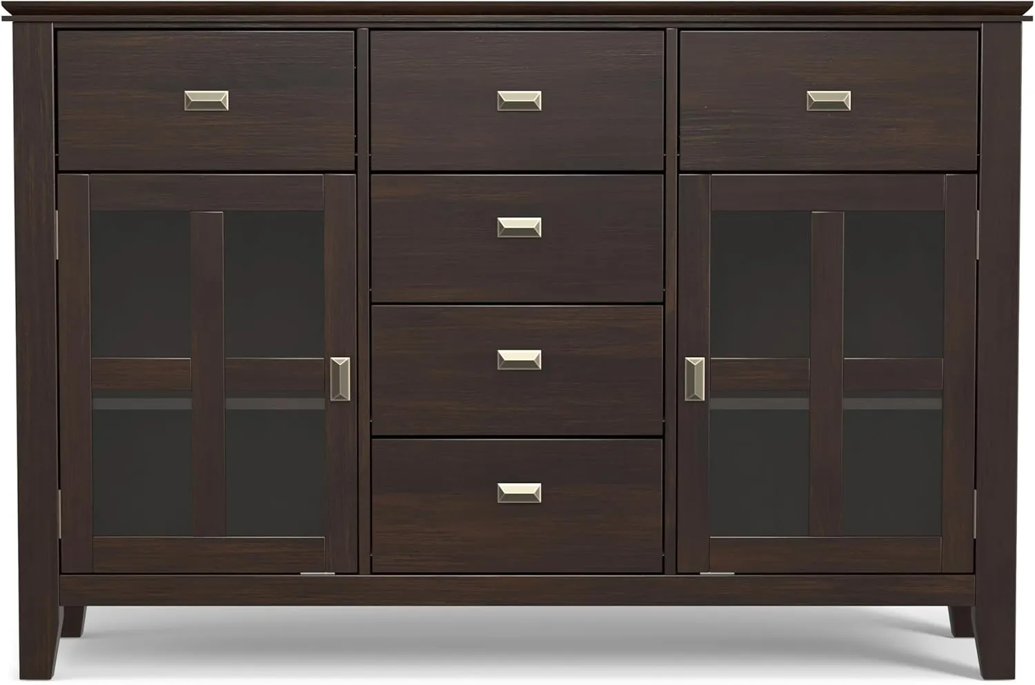 SIMPLIHOME Artisan Buffet - 54 inch Wide Solid Wood 3-Door Sideboard Buffet in Dark Chestnut Brown, Transitional Storage Cabinet for Dining Room or Kitchen with Adjustable Shelves and Bronze Hardware