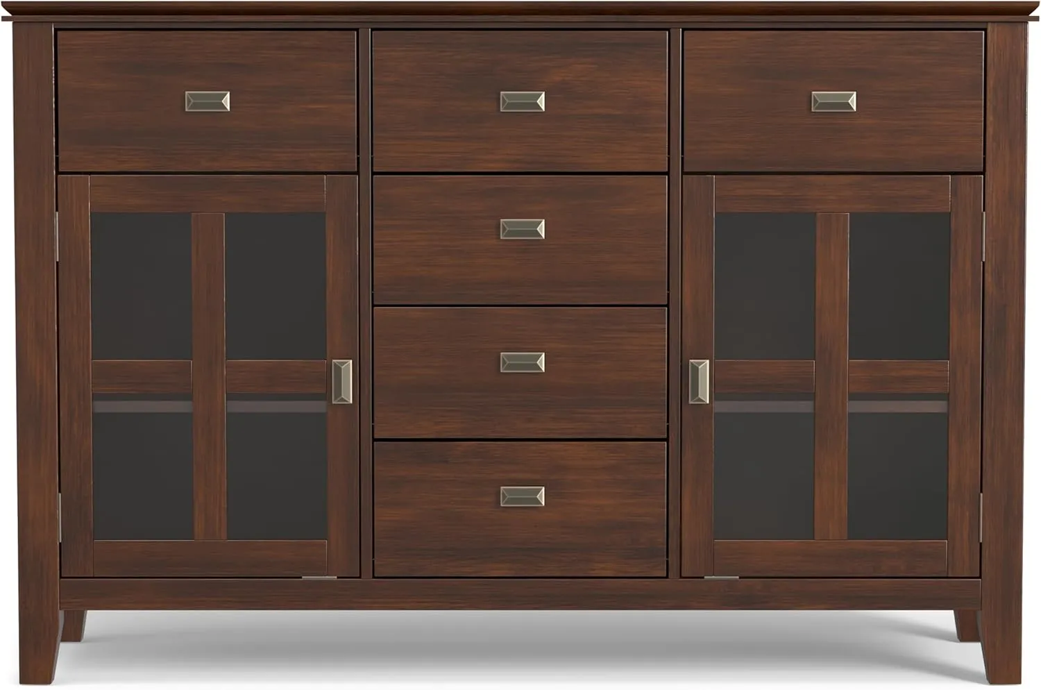 SIMPLIHOME Artisan Buffet - 54 inch Wide Solid Wood 3-Door Sideboard Buffet in Russet Brown, Transitional Storage Cabinet for Dining Room or Kitchen with Adjustable Shelves and Bronze Hardware
