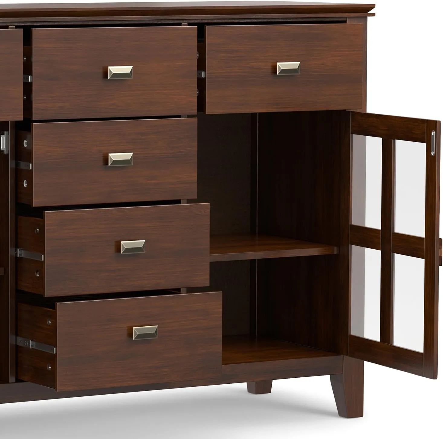 SIMPLIHOME Artisan Buffet - 54 inch Wide Solid Wood 3-Door Sideboard Buffet in Russet Brown, Transitional Storage Cabinet for Dining Room or Kitchen with Adjustable Shelves and Bronze Hardware