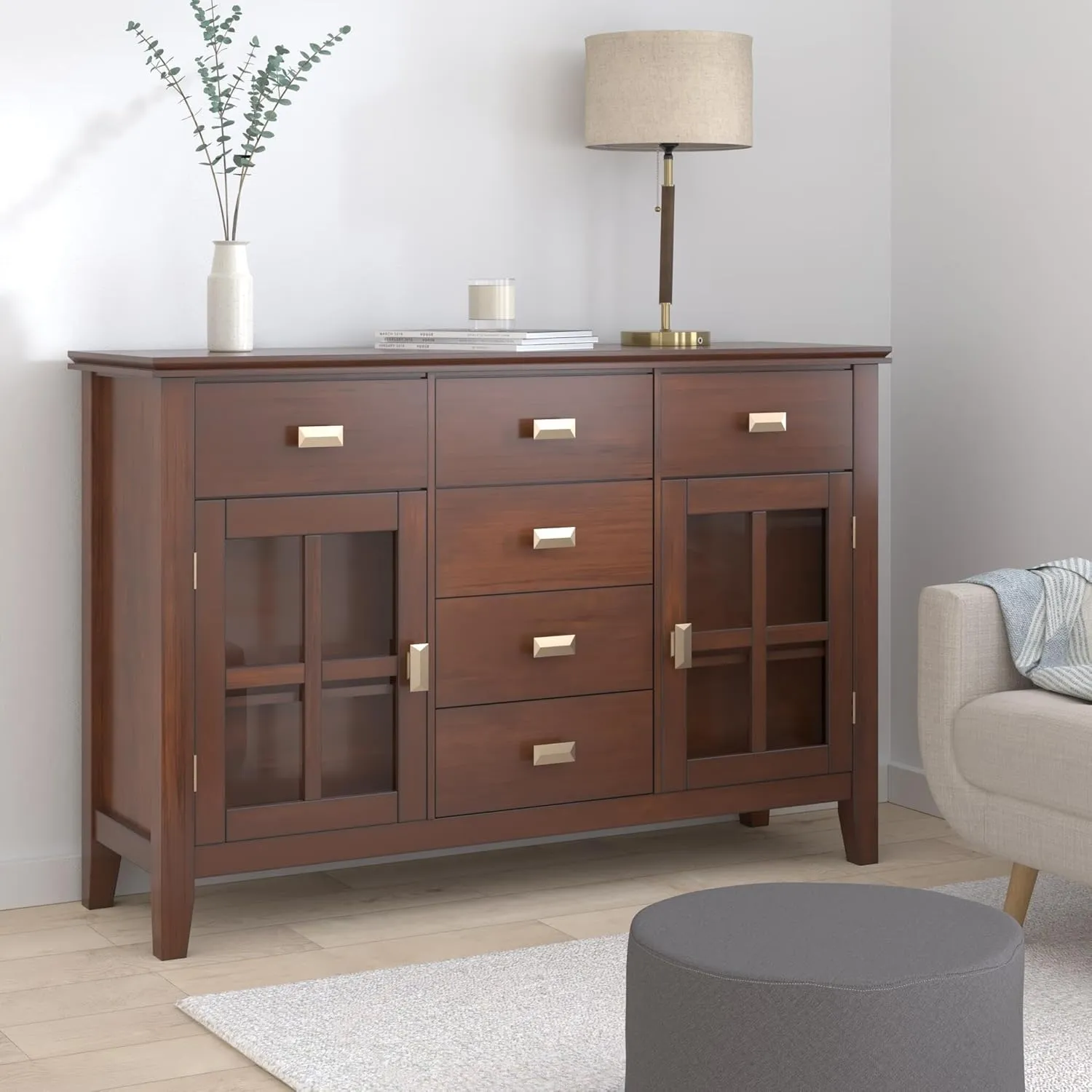 SIMPLIHOME Artisan Buffet - 54 inch Wide Solid Wood 3-Door Sideboard Buffet in Russet Brown, Transitional Storage Cabinet for Dining Room or Kitchen with Adjustable Shelves and Bronze Hardware
