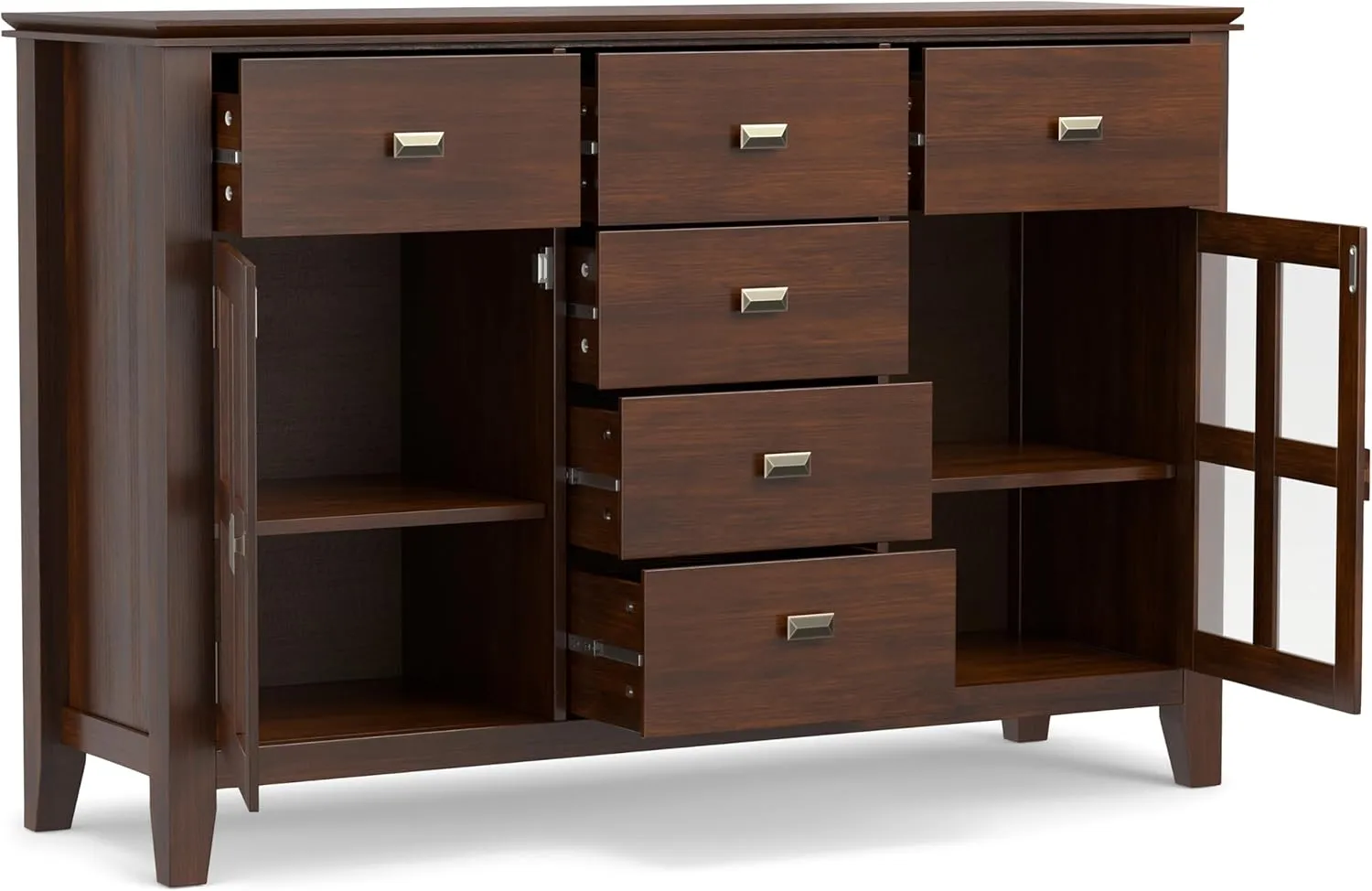 SIMPLIHOME Artisan Buffet - 54 inch Wide Solid Wood 3-Door Sideboard Buffet in Russet Brown, Transitional Storage Cabinet for Dining Room or Kitchen with Adjustable Shelves and Bronze Hardware