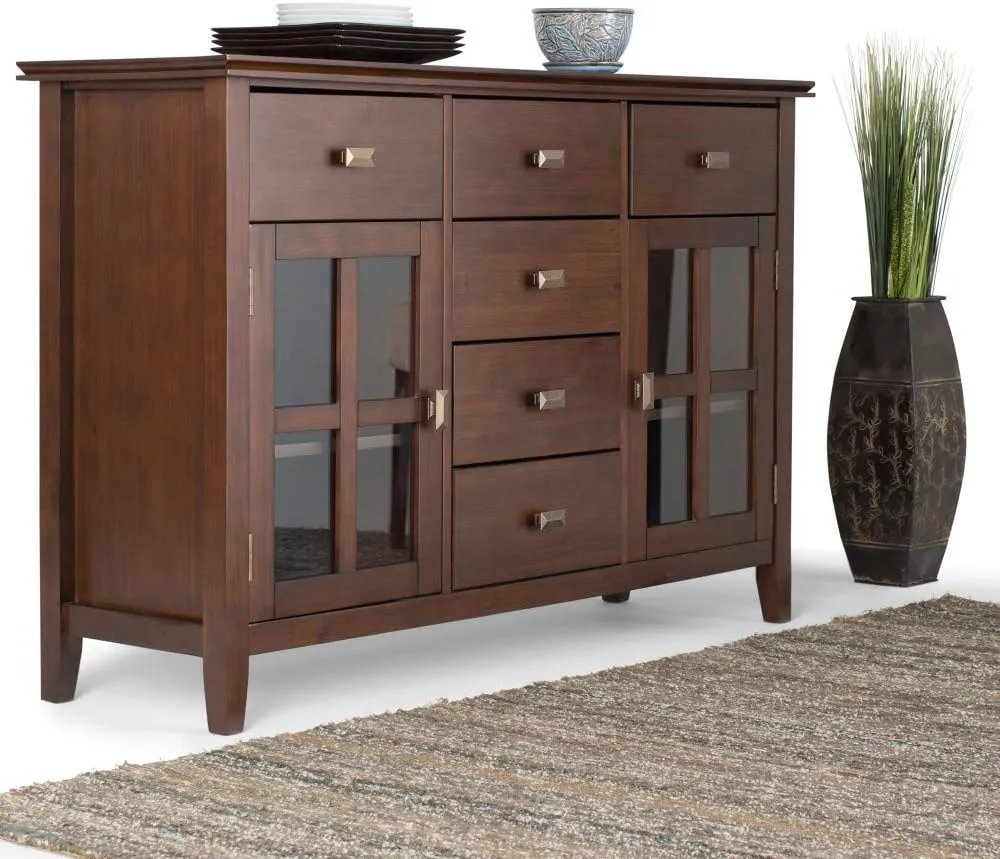 SIMPLIHOME Artisan Buffet - 54 inch Wide Solid Wood 3-Door Sideboard Buffet in Russet Brown, Transitional Storage Cabinet for Dining Room or Kitchen with Adjustable Shelves and Bronze Hardware