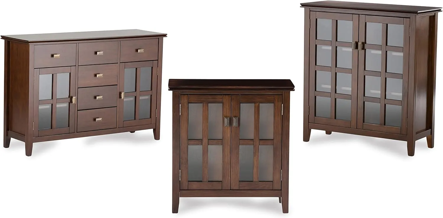 SIMPLIHOME Artisan Buffet - 54 inch Wide Solid Wood 3-Door Sideboard Buffet in Russet Brown, Transitional Storage Cabinet for Dining Room or Kitchen with Adjustable Shelves and Bronze Hardware