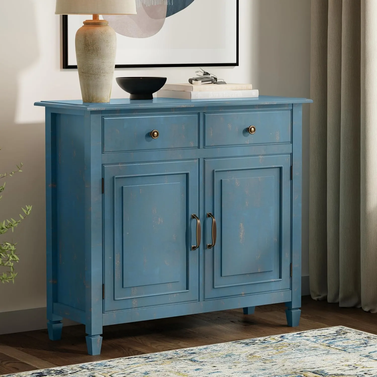 SIMPLIHOME Connaught 40-inch Wide Solid Wood Storage Cabinet in Distressed Coastal Blue for Entryway, Living Room or Bedroom, Organizer for Hats, Gloves, Shoes, Keys, Slim Design, Traditional Style