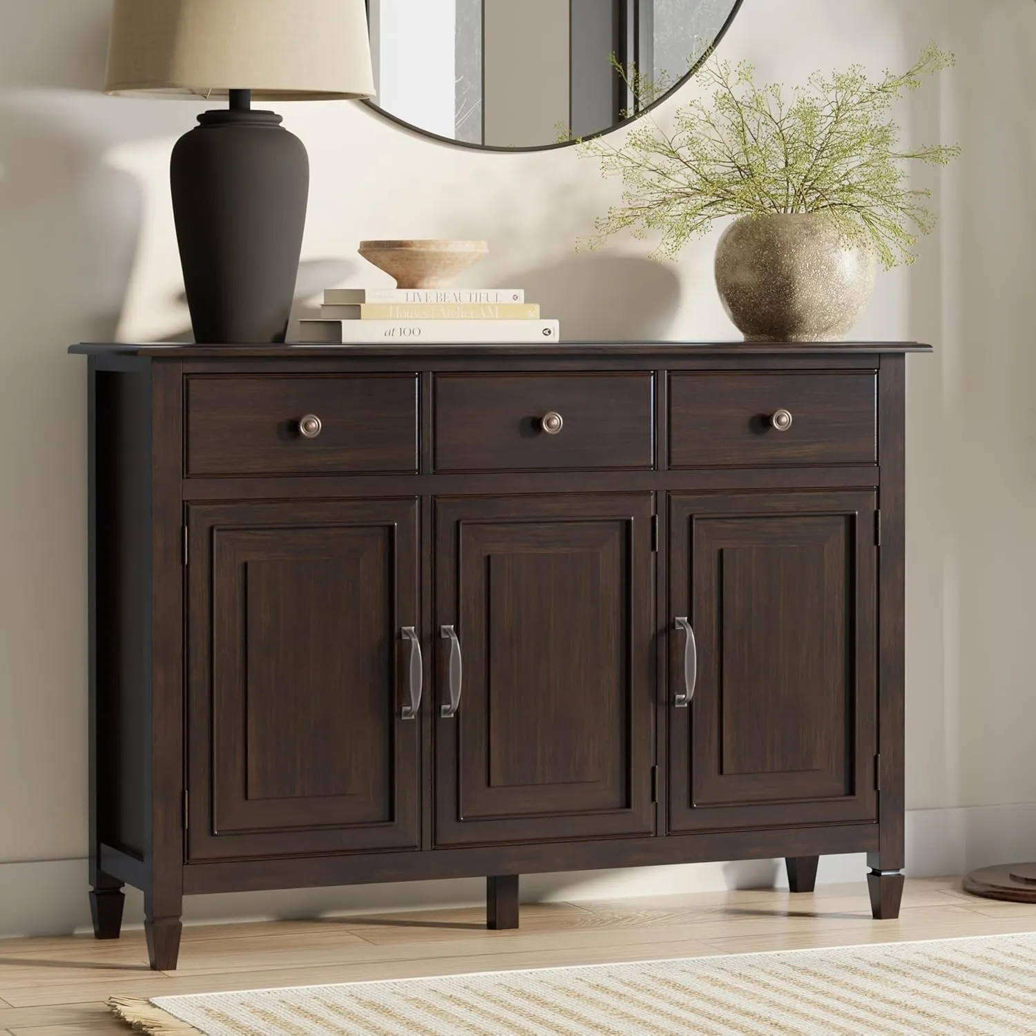 SIMPLIHOME Connaught 51-inch Wide Solid Wood Storage Cabinet in Chestnut Brown for The Entryway, Mudroom or Bedroom, 3 Drawers and Adjustable Shelves, Traditional Style, Space-Saving Design
