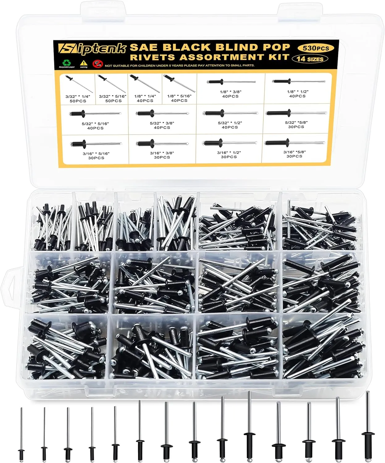 Siptenk 530PCS Black Pop Rivets Assortment Kit, SAE Aluminum Assorted Blind Rivet Set 14 Sizes 3/32" 1/8" 5/32" 3/16" Pop Rivet Kit for Metal