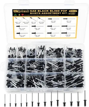 Siptenk 530PCS Black Pop Rivets Assortment Kit, SAE Aluminum Assorted Blind Rivet Set 14 Sizes 3/32" 1/8" 5/32" 3/16" Pop Rivet Kit for Metal