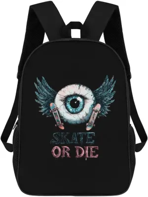 Skate Or Die Eyeball Wings 17 Inches Travel Backpacks Funny Shoulder Bag Lightweight Daypack