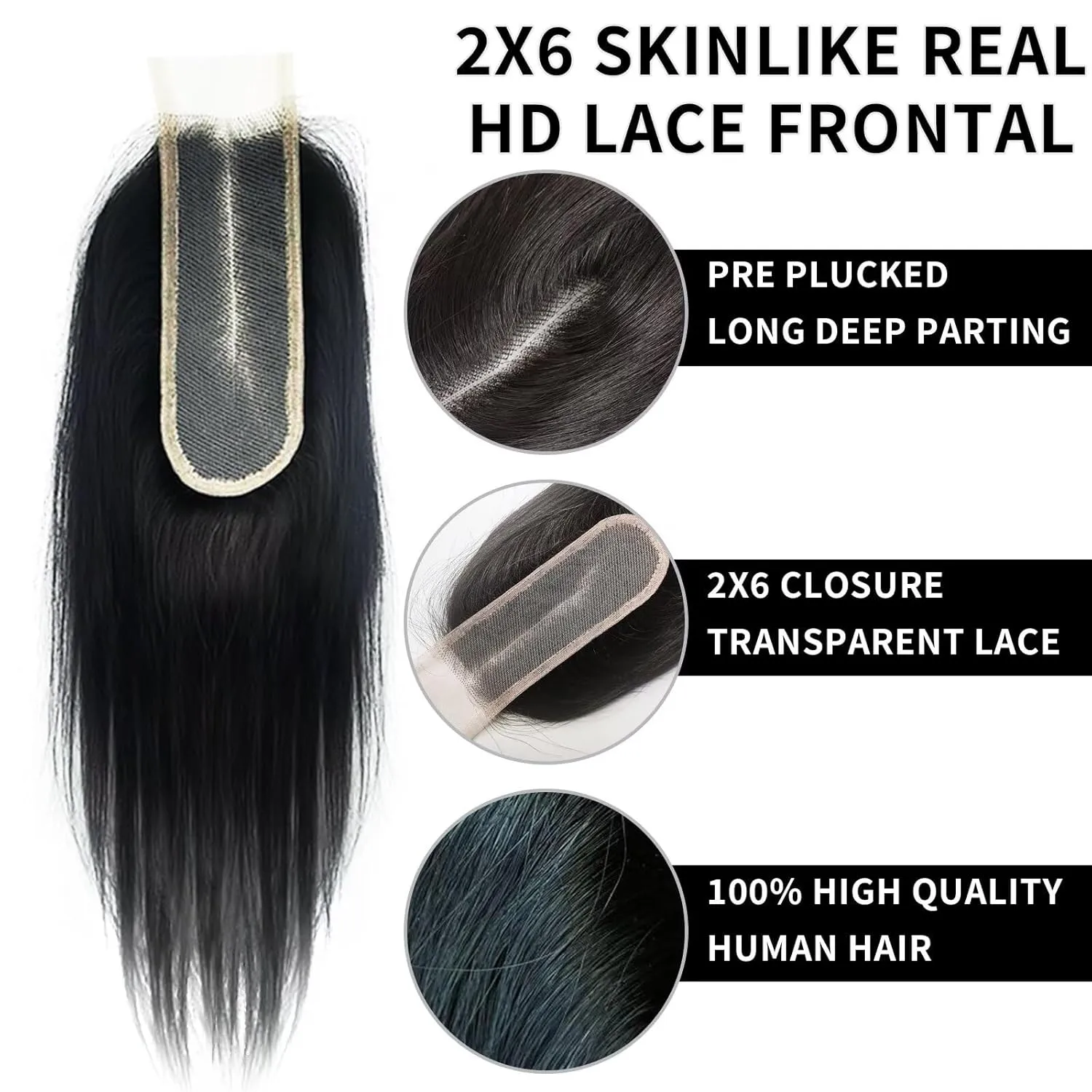 SKINLIKE Real HD 2x6 Lace Closure Depth Split Medium Distribution 0.11mm Ultra-thin Lace Close 2x6 Wigs Piece Hairline 100% Human Hair Long Straight Hair Transparent lace Natural Black Color 20 inch