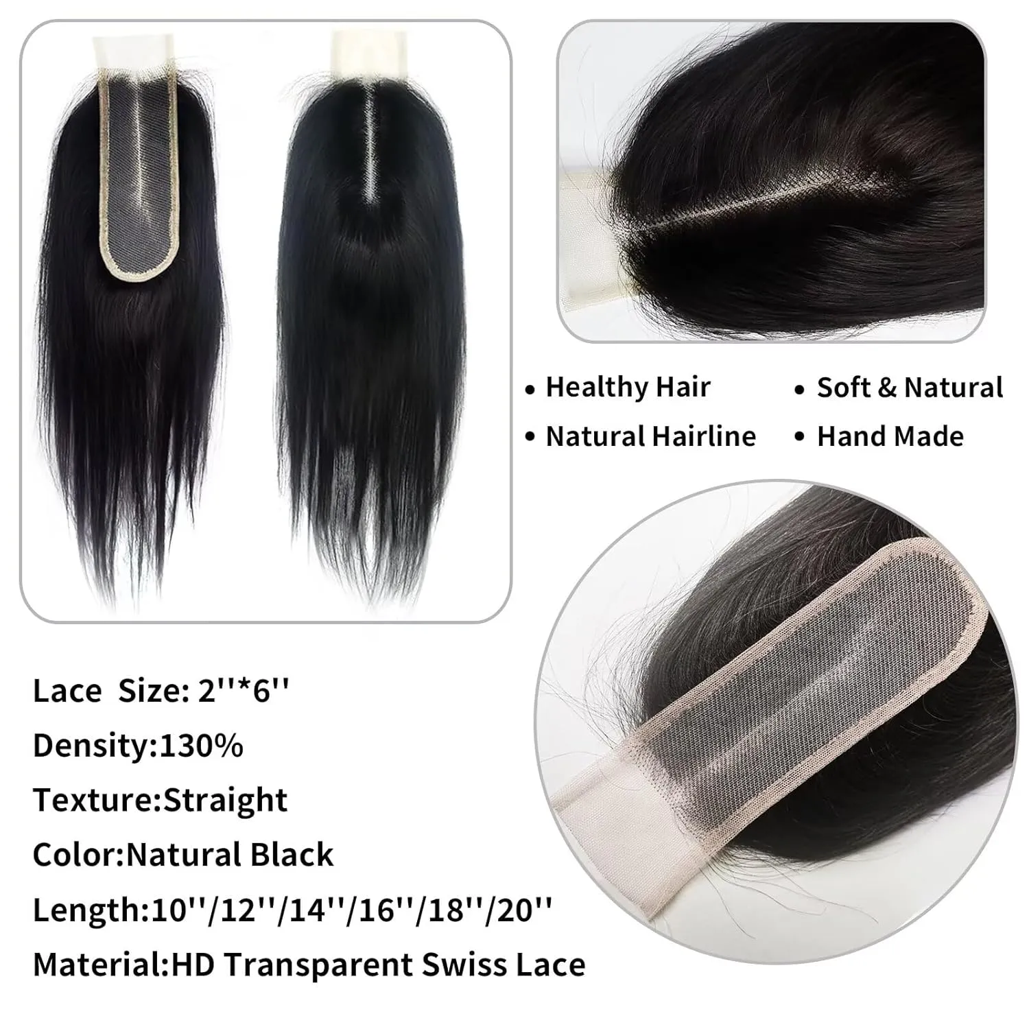 SKINLIKE Real HD 2x6 Lace Closure Depth Split Medium Distribution 0.11mm Ultra-thin Lace Close 2x6 Wigs Piece Hairline 100% Human Hair Long Straight Hair Transparent lace Natural Black Color 20 inch