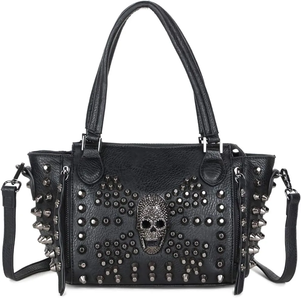 Skull Handbag Purse for Women Studded Rivet Hobo Tote Satchels Gothic Shoulder Crossbody Bag Black