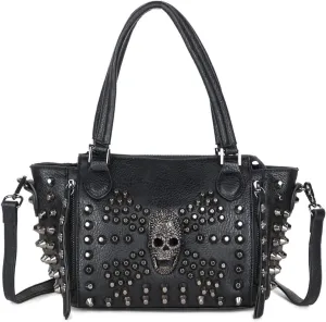 Skull Handbag Purse for Women Studded Rivet Hobo Tote Satchels Gothic Shoulder Crossbody Bag Black