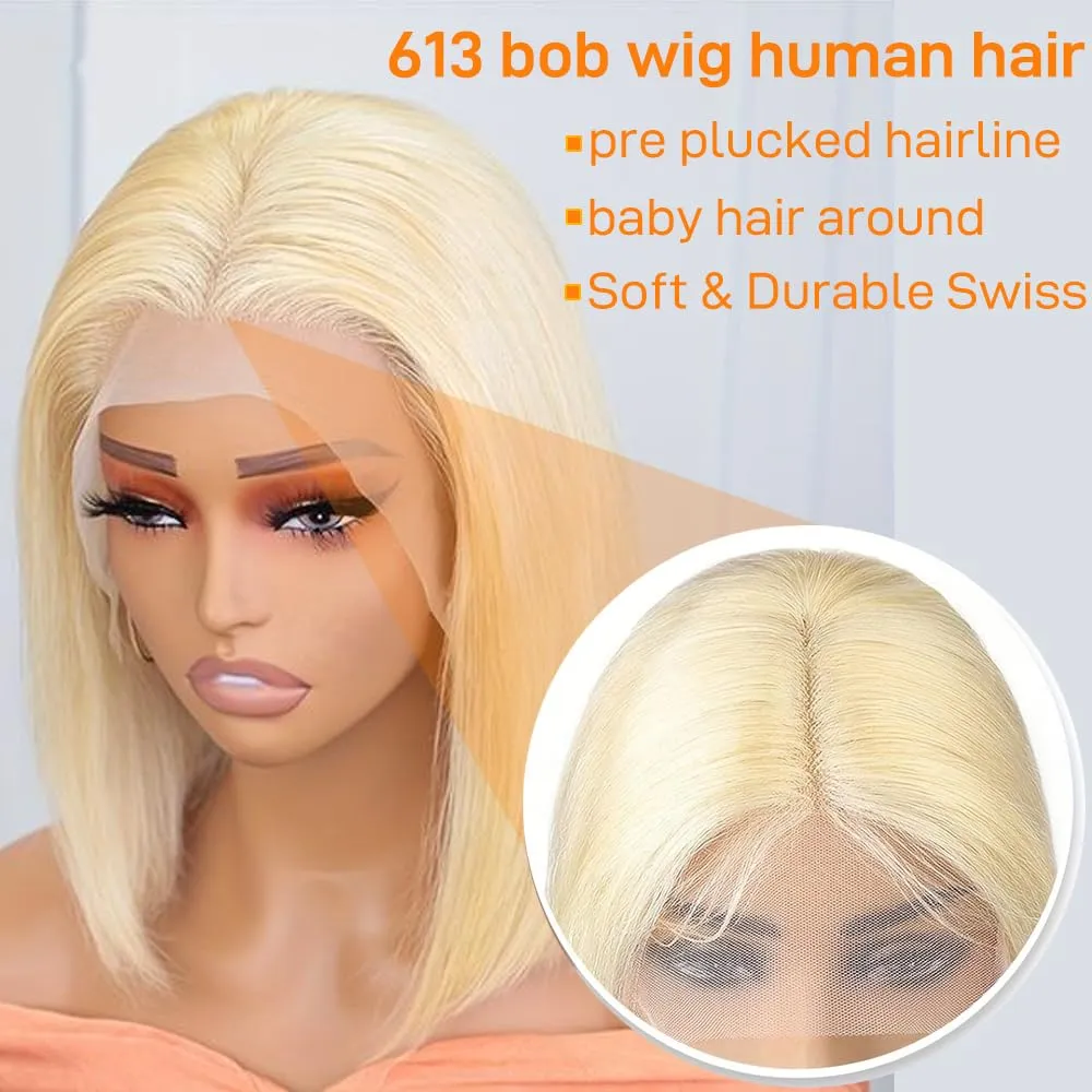 SKYDO 613 Blonde Bob Wig Human Hair 13x4 HD Bob Lace Front Wigs Human Hair Pre Plucked 180 Density Blonde Wig Human Hair Short Bob Wigs for Women 10 Inch