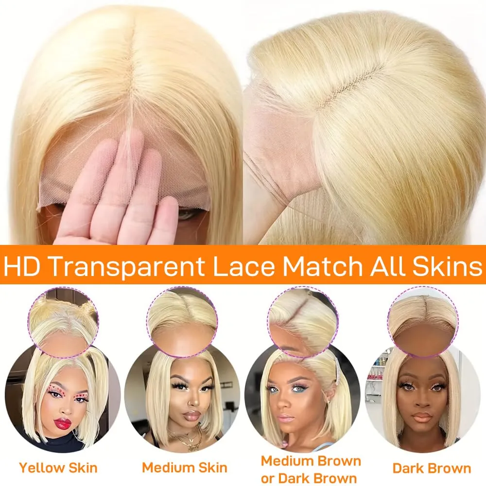 SKYDO 613 Blonde Bob Wig Human Hair 13x4 HD Bob Lace Front Wigs Human Hair Pre Plucked 180 Density Blonde Wig Human Hair Short Bob Wigs for Women 10 Inch