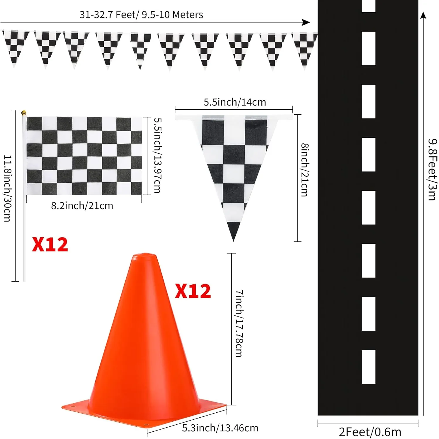 Skylety Traffic Cones and Racing Checkered Flags Set-include 12 Plastic Traffic Cones,12 Flags with Sticks,31 ft Checkered Pennant Banner and 9.8 x 2 ft Racetrack Floor Running Mat