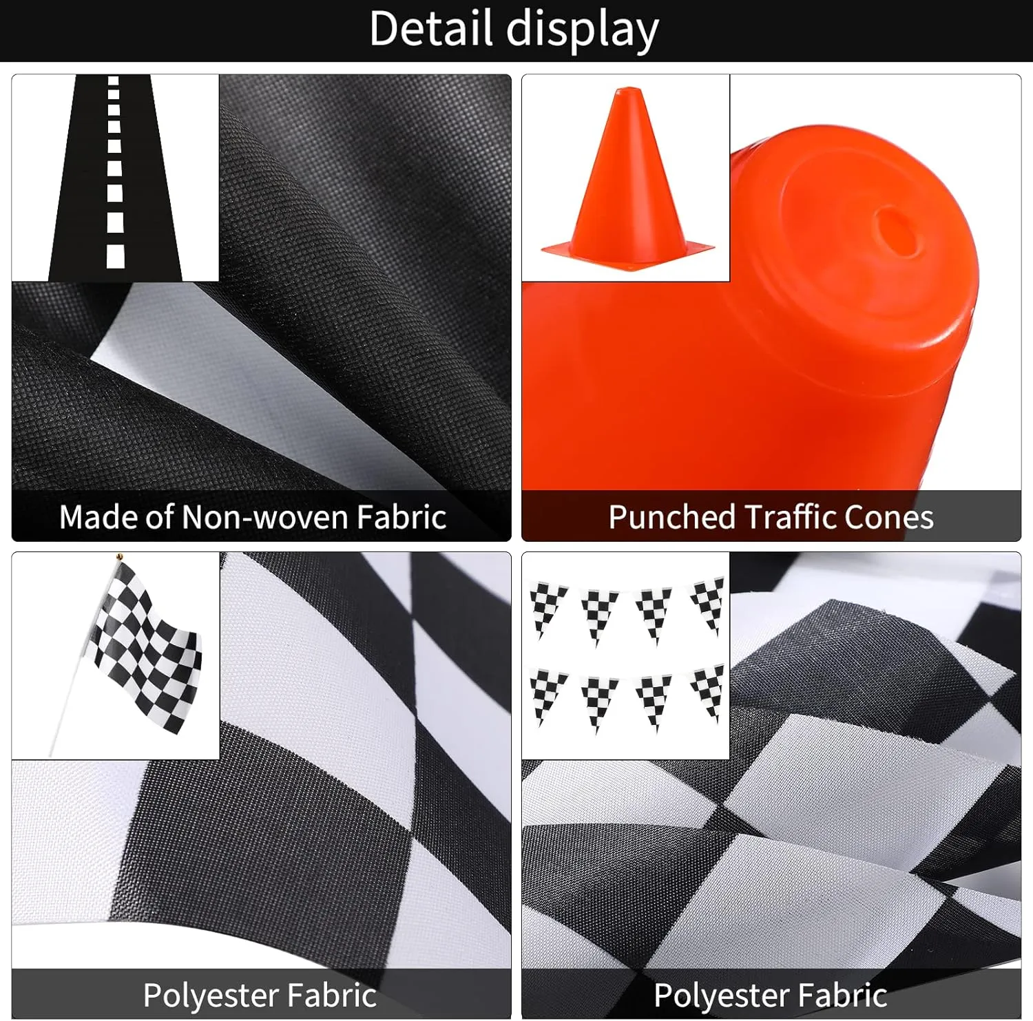 Skylety Traffic Cones and Racing Checkered Flags Set-include 12 Plastic Traffic Cones,12 Flags with Sticks,31 ft Checkered Pennant Banner and 9.8 x 2 ft Racetrack Floor Running Mat
