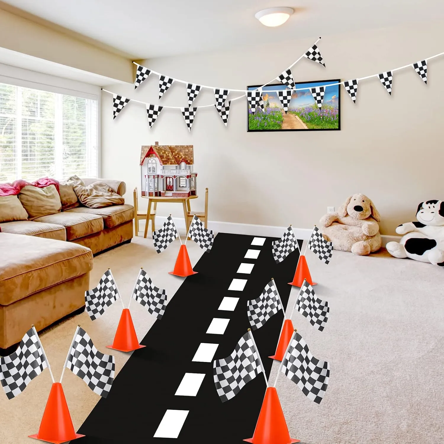 Skylety Traffic Cones and Racing Checkered Flags Set-include 12 Plastic Traffic Cones,12 Flags with Sticks,31 ft Checkered Pennant Banner and 9.8 x 2 ft Racetrack Floor Running Mat