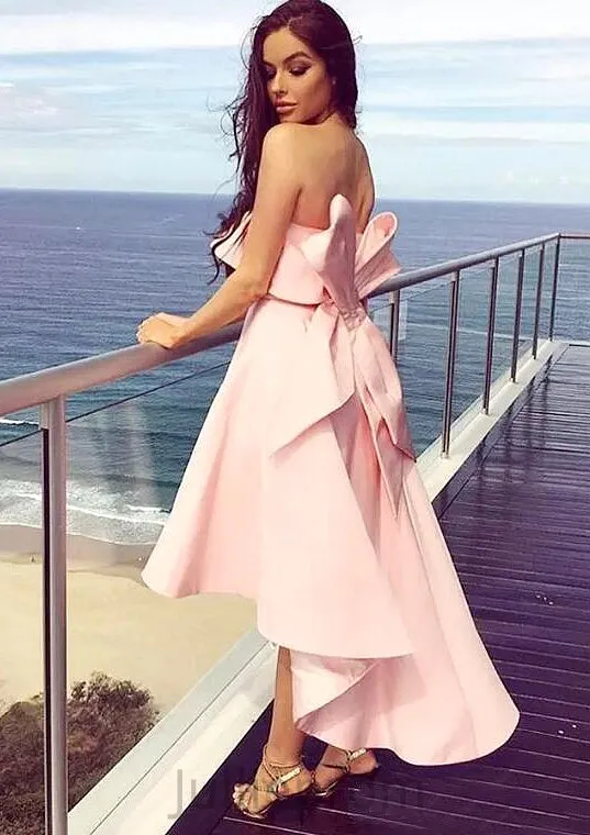 Sleeveless Strapless Asymmetrical A-line/Princess Satin Bridesmaid Dresseses With Bowknot Ruffles Mayra DQP0025539