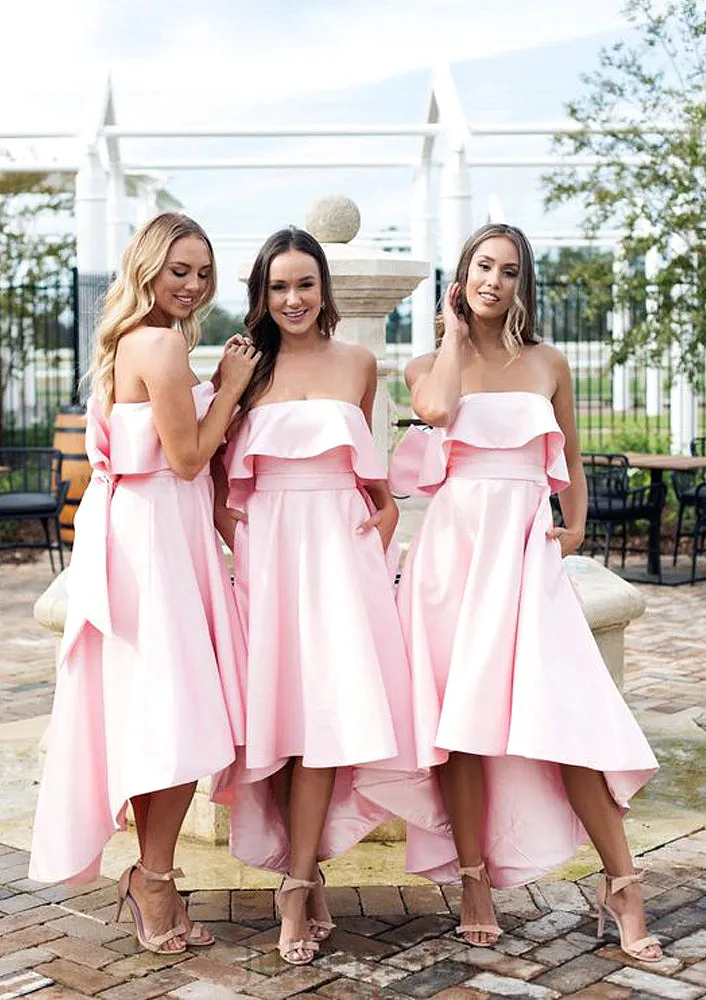 Sleeveless Strapless Asymmetrical A-line/Princess Satin Bridesmaid Dresseses With Bowknot Ruffles Mayra DQP0025539