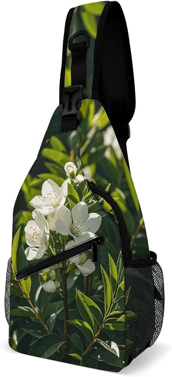 Sling Bag for Men Women White Natural Greenery Twig Chest Bag Casual Crossbody Bag Sling Backpack for Travel Daypack