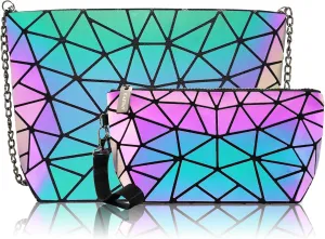 Small Clutch Purses for women Daily Use Geometric Purse for Women Geometric Luminous Purses and Shoulder bags Geometric Bags and Holographic crossbody bag SET-A