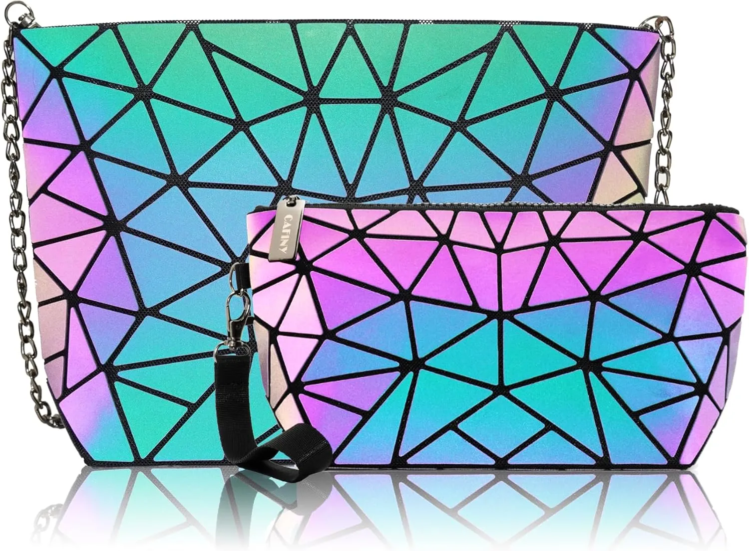 Small Clutch Purses for women Daily Use Geometric Purse for Women Geometric Luminous Purses and Shoulder bags Geometric Bags and Holographic crossbody bag SET-A