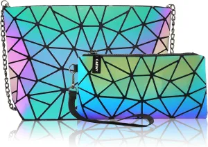 Small Clutch Purses for women Daily Use Geometric Purse for Women Geometric Luminous Purses and Shoulder bags Geometric Bags and Holographic crossbody bag SET-B
