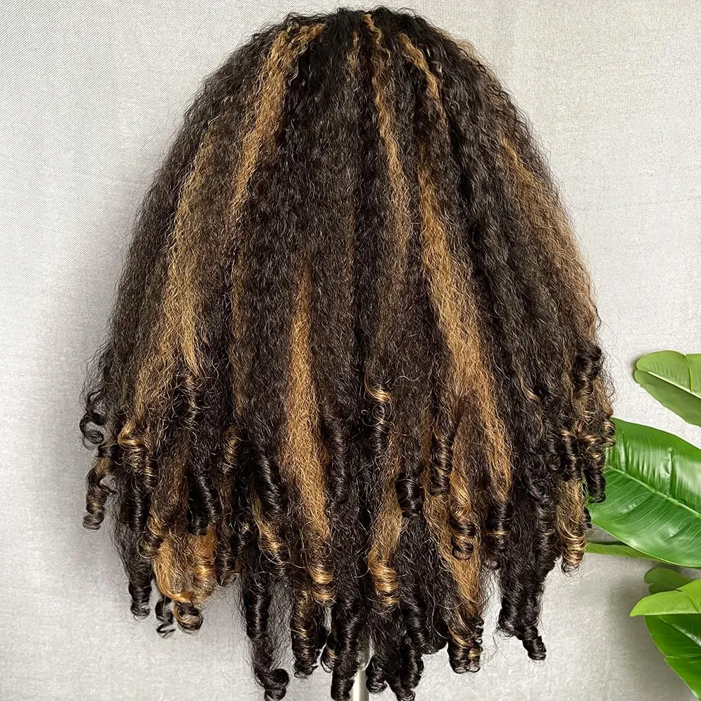 SOKU Afro Curly Lace Front Wig Synthetic Highlights Brown 20 Inch Kinky Straight with Curly Ends Crimp to Curl T Part Transparent Lace Front Wig for Black Women