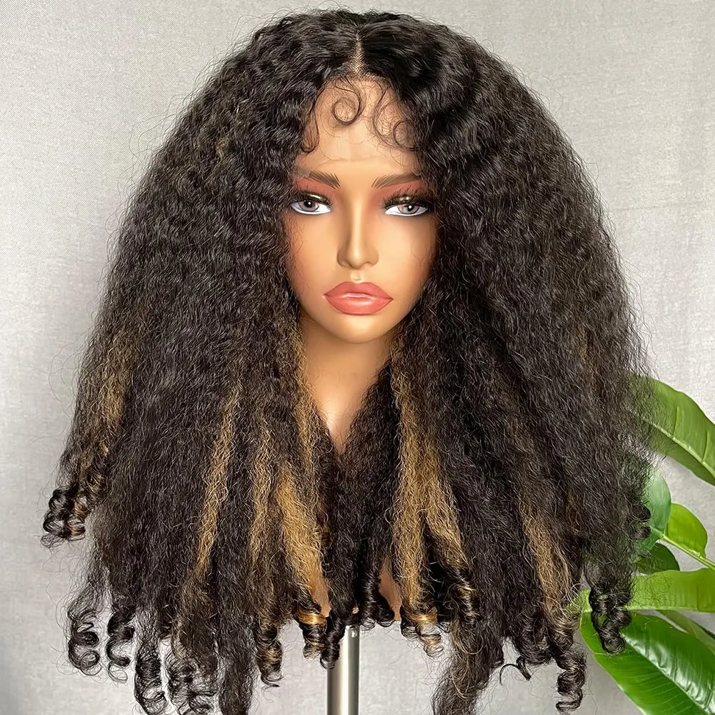 SOKU Afro Curly Lace Front Wig Synthetic Highlights Brown 20 Inch Kinky Straight with Curly Ends Crimp to Curl T Part Transparent Lace Front Wig for Black Women