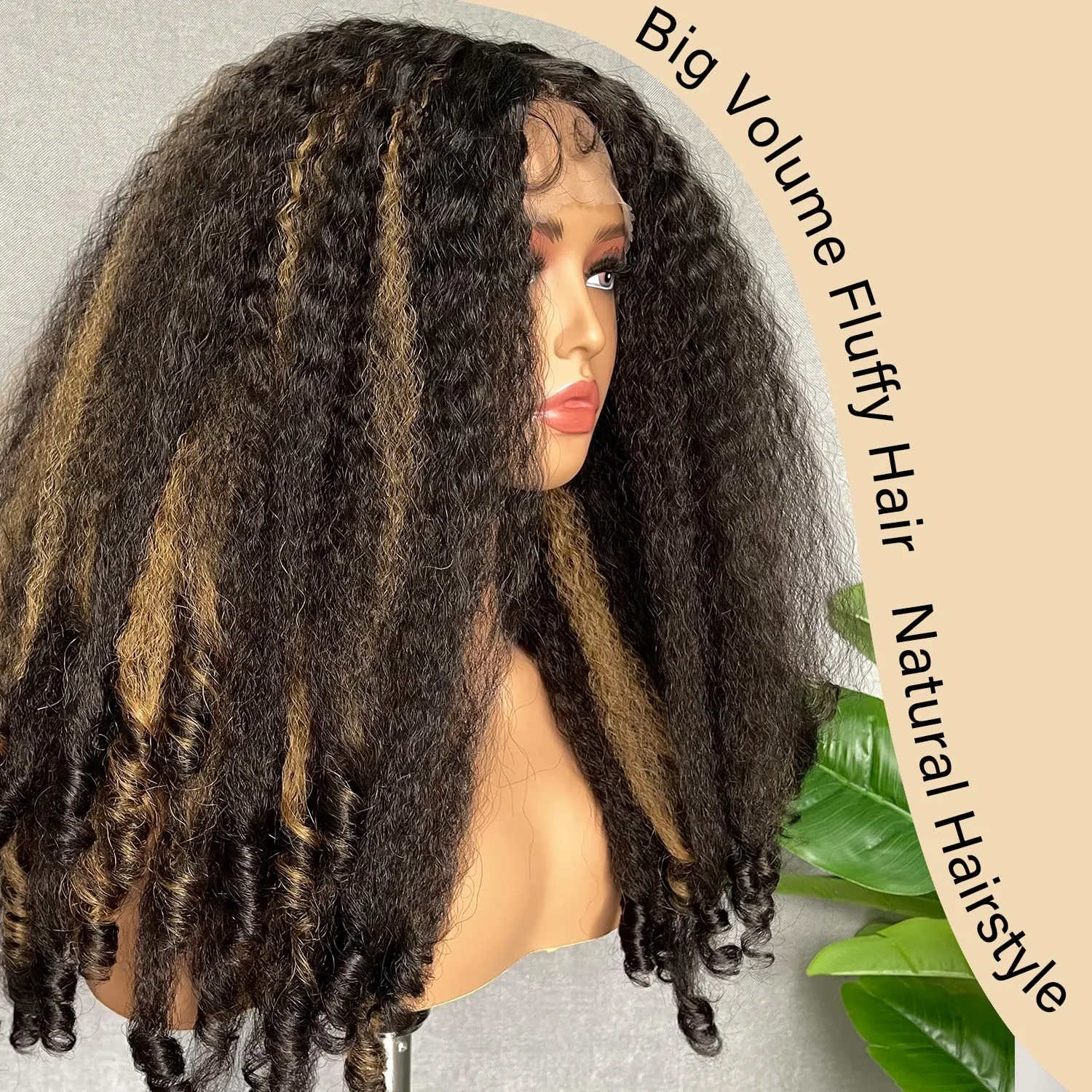 SOKU Afro Curly Lace Front Wig Synthetic Highlights Brown 20 Inch Kinky Straight with Curly Ends Crimp to Curl T Part Transparent Lace Front Wig for Black Women