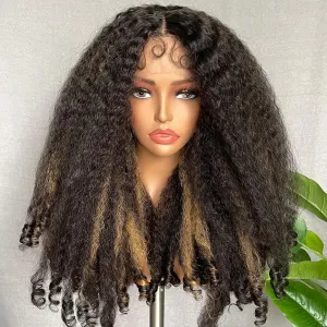 SOKU Afro Curly Lace Front Wig Synthetic Highlights Brown 20 Inch Kinky Straight with Curly Ends Crimp to Curl T Part Transparent Lace Front Wig for Black Women