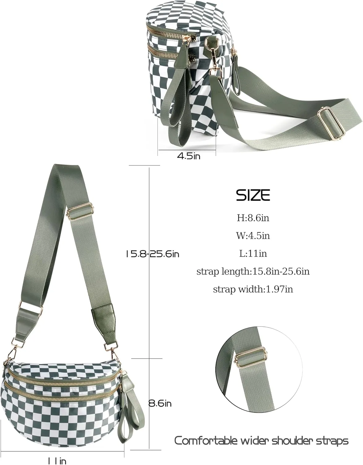 Spacious Checkered Nylon Crossbody Bag Bum Bag Checkered Handbags Wallets for Women