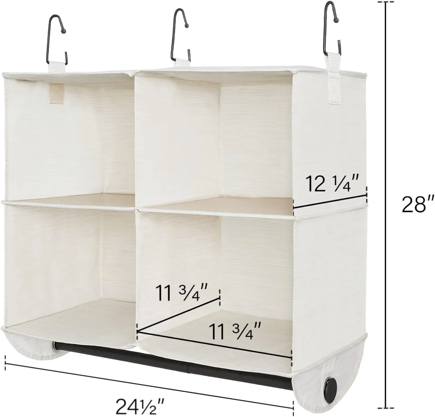 StorageWorks Hanging Closet Organizer with Garment Rod, 4 Section Closet Hanging Shelves, Hanging Clothes Cube Organizer, White & Ivory, 12 ¼" D x 24 ½" W x 28" H