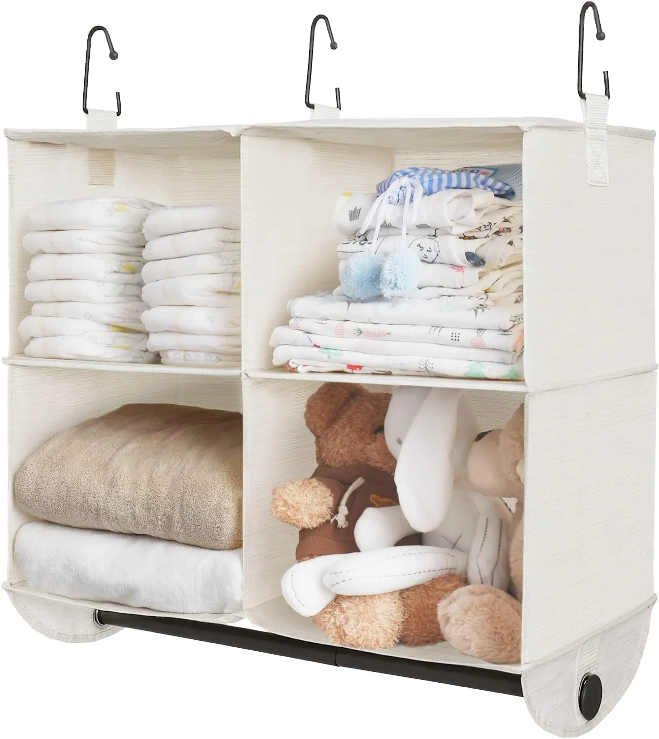 StorageWorks Hanging Closet Organizer with Garment Rod, 4 Section Closet Hanging Shelves, Hanging Clothes Cube Organizer, White & Ivory, 12 ¼" D x 24 ½" W x 28" H