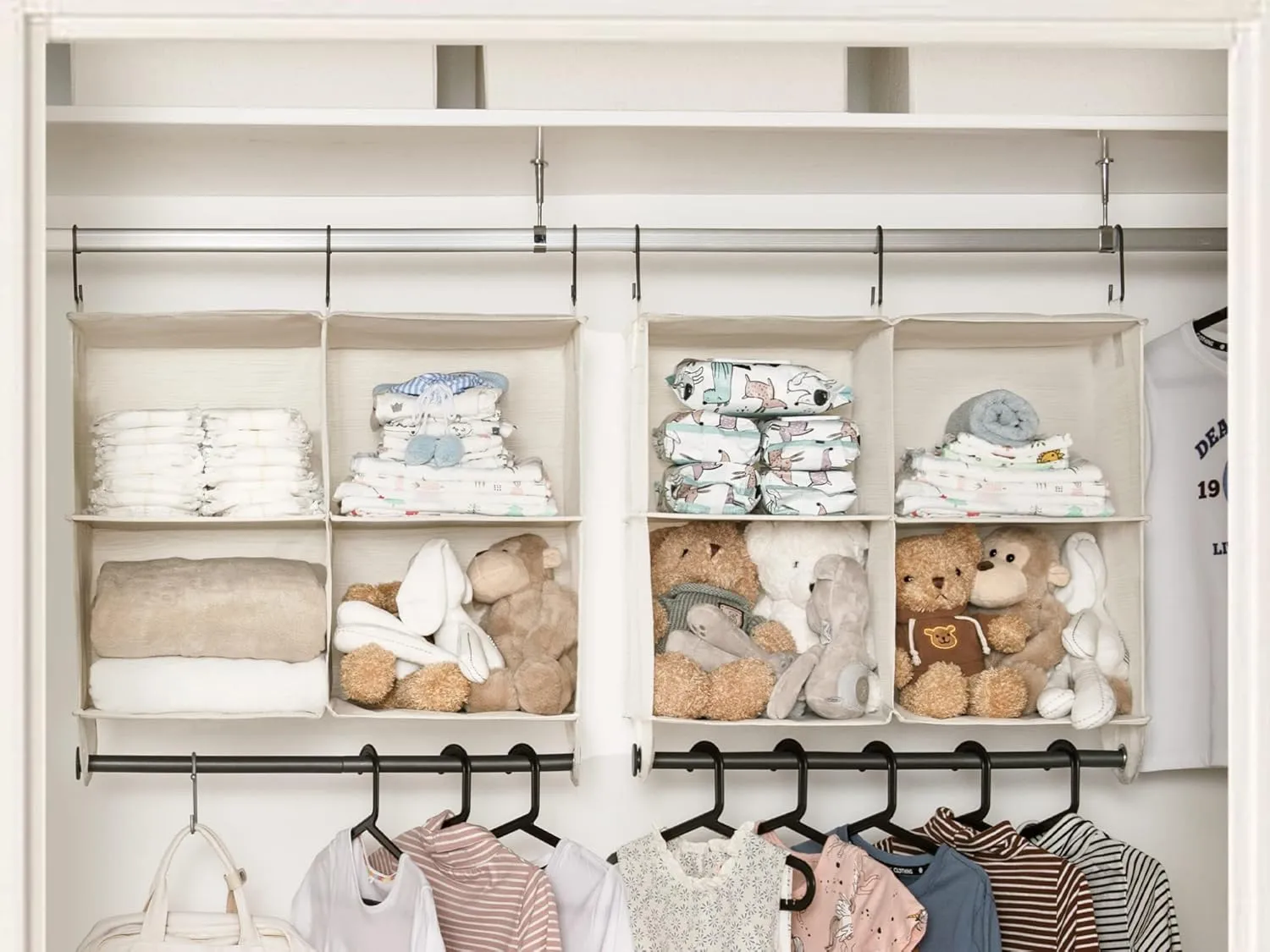 StorageWorks Hanging Closet Organizer with Garment Rod, 4 Section Closet Hanging Shelves, Hanging Clothes Cube Organizer, White & Ivory, 12 ¼" D x 24 ½" W x 28" H
