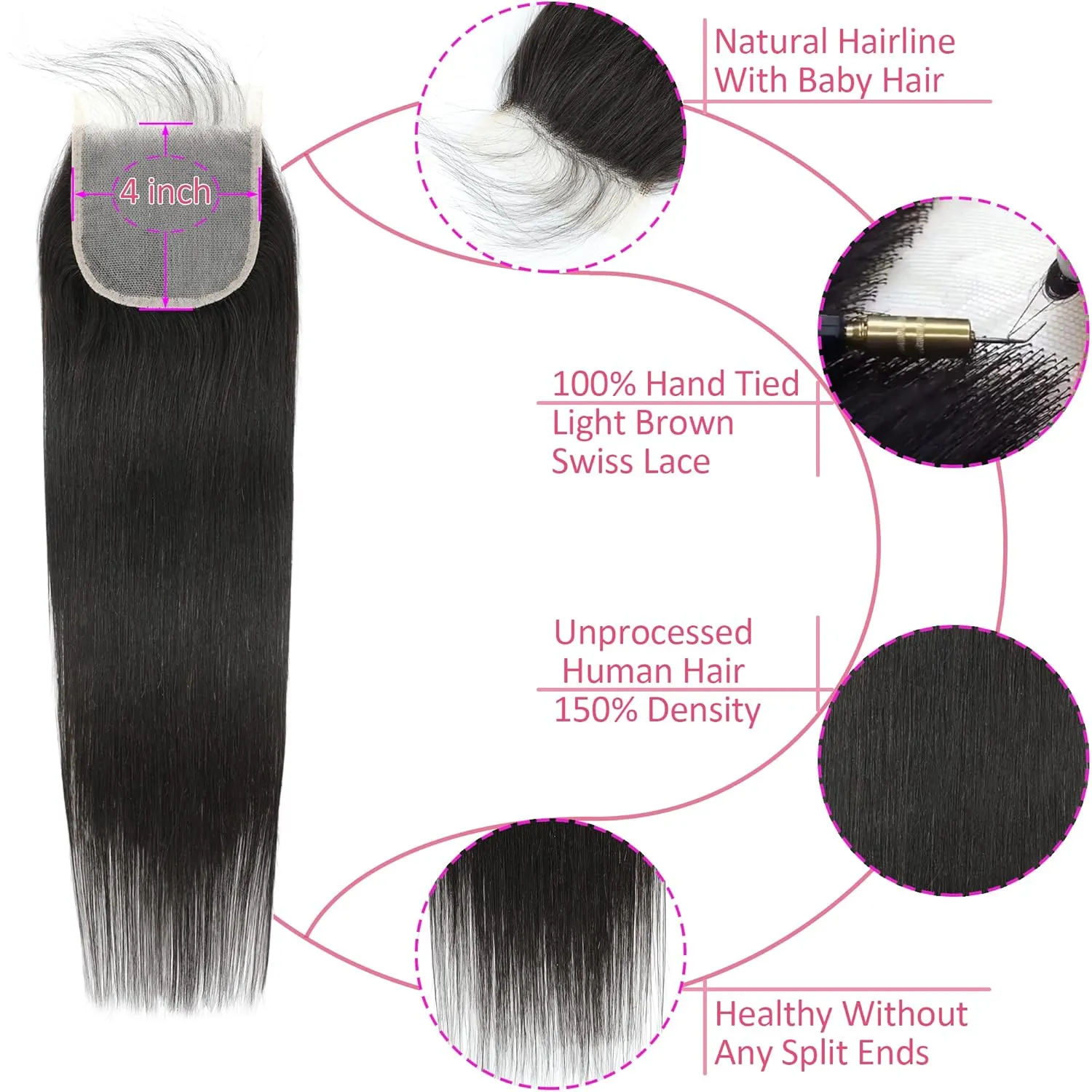 Straight 4x4 HD Lace Closure Human Hair,12A Transparent Lace Closure 100% Remy Human Hair Free Part Hand Tied Swiss Lace Closures Pre Plucked with Baby Hair Front Only Natural Black(10 Inch)