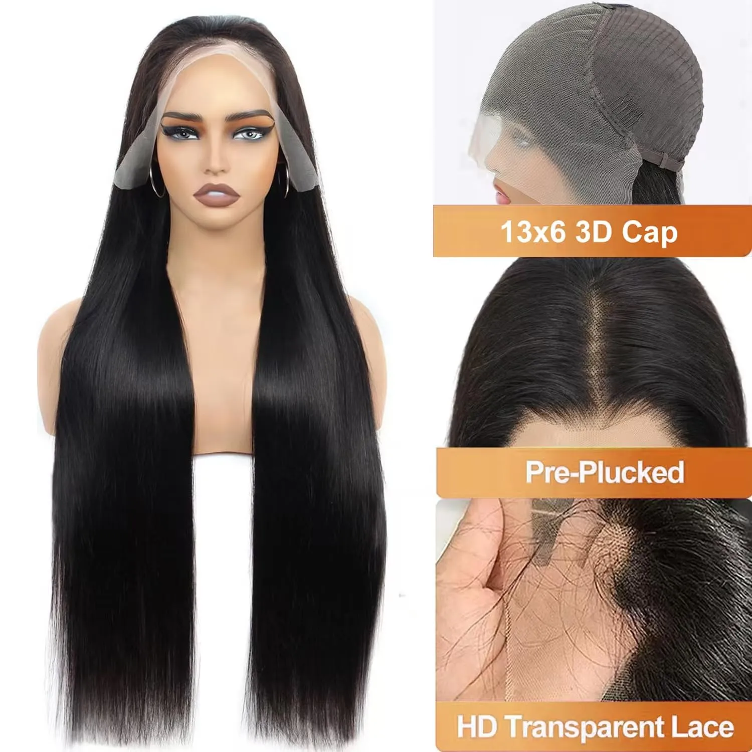 Straight Lace Front Wigs Human Hair 13x6 Lace Front Wigs Human Hair Pre Plucked 200 Density Glueless Straight HD Lace Frontal Wigs Real Hair Pre Plucked With Baby Hair Natural Black 32 Inch