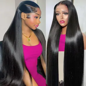 Straight Lace Front Wigs Human Hair 13x6 Lace Front Wigs Human Hair Pre Plucked 200 Density Glueless Straight HD Lace Frontal Wigs Real Hair Pre Plucked With Baby Hair Natural Black 32 Inch