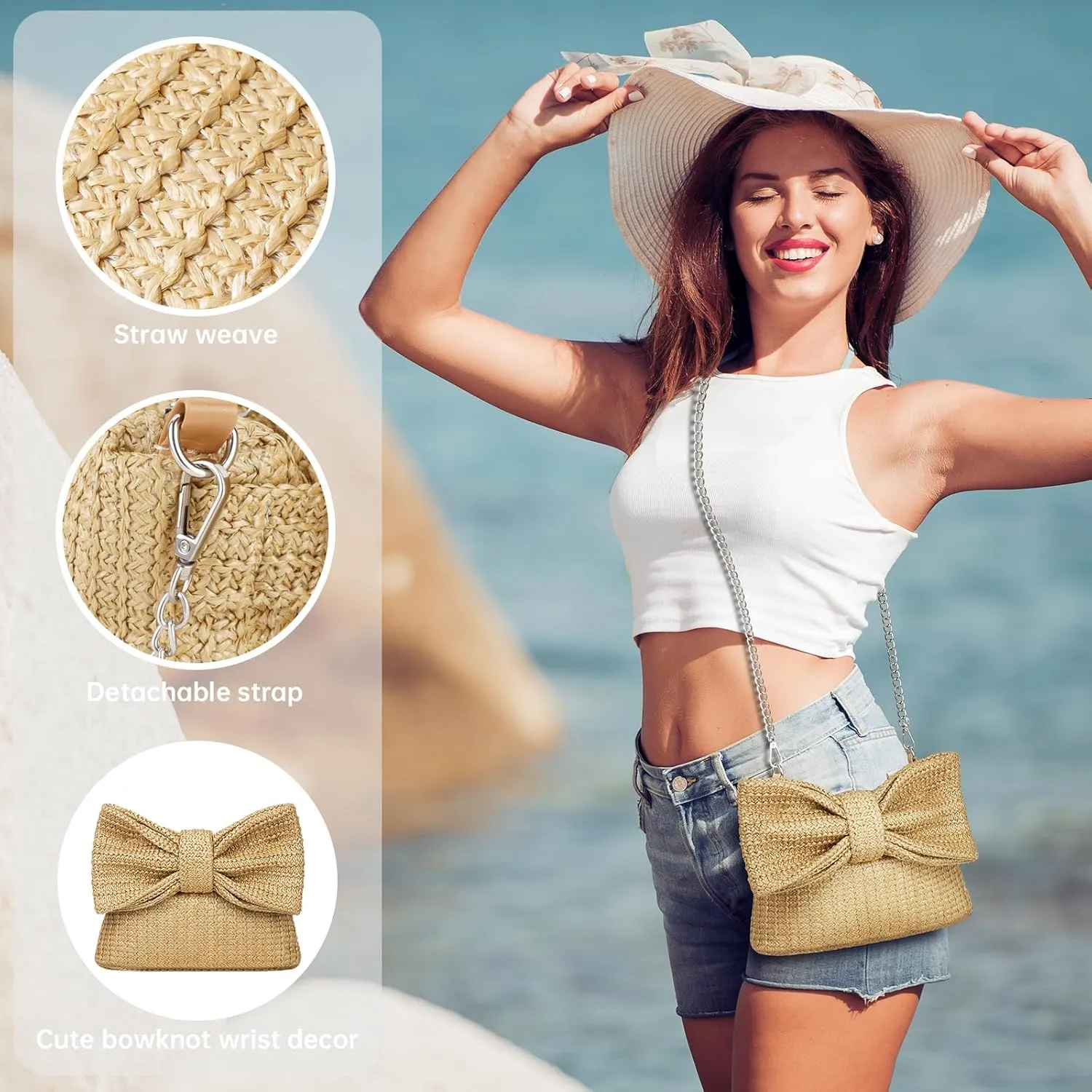 Straw Clutch Purse with Big Bow Handle Bag Summer Straw Handbag Beach Tote Woven Evening Bag for Parties, Wedding,Travel