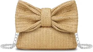 Straw Clutch Purse with Big Bow Handle Bag Summer Straw Handbag Beach Tote Woven Evening Bag for Parties, Wedding,Travel