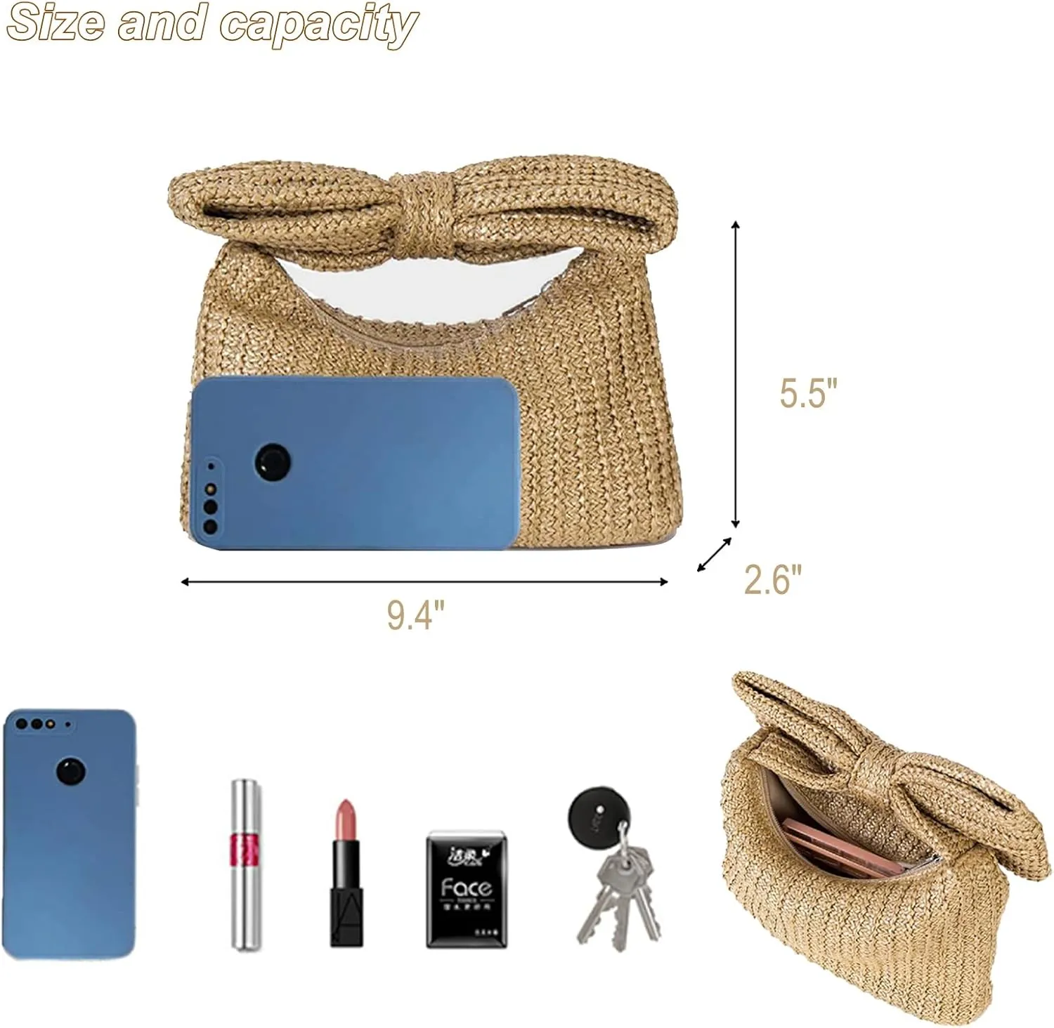 Straw Clutch Purse with Big Bow Handle Bag Summer Straw Handbag Beach Tote Woven Evening Bag for Parties, Wedding,Travel