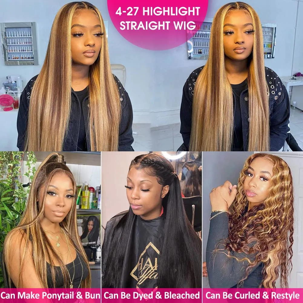 Subella 26inch Straight 4/27 Highlight 13x4 HD Transparent Lace Front Wigs Human Hair Glueless Straight Lace Frontal Wigs Pre Plucked with Baby Hair 180% Density