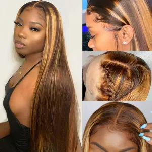 Subella 26inch Straight 4/27 Highlight 13x4 HD Transparent Lace Front Wigs Human Hair Glueless Straight Lace Frontal Wigs Pre Plucked with Baby Hair 180% Density