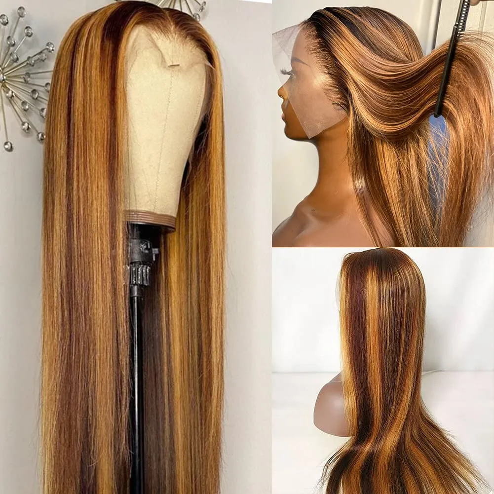 Subella 26inch Straight 4/27 Highlight 13x4 HD Transparent Lace Front Wigs Human Hair Glueless Straight Lace Frontal Wigs Pre Plucked with Baby Hair 180% Density