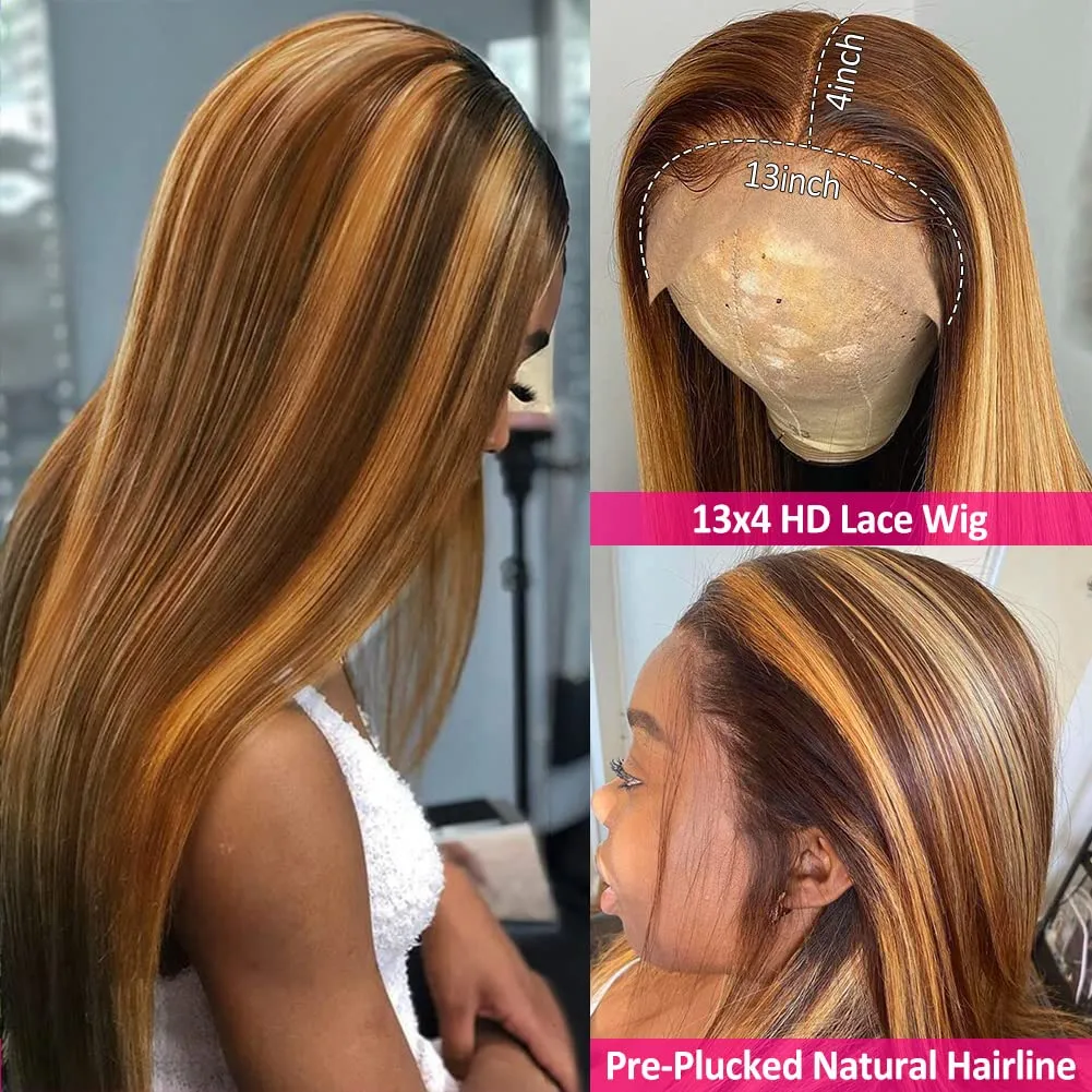 Subella 26inch Straight 4/27 Highlight 13x4 HD Transparent Lace Front Wigs Human Hair Glueless Straight Lace Frontal Wigs Pre Plucked with Baby Hair 180% Density