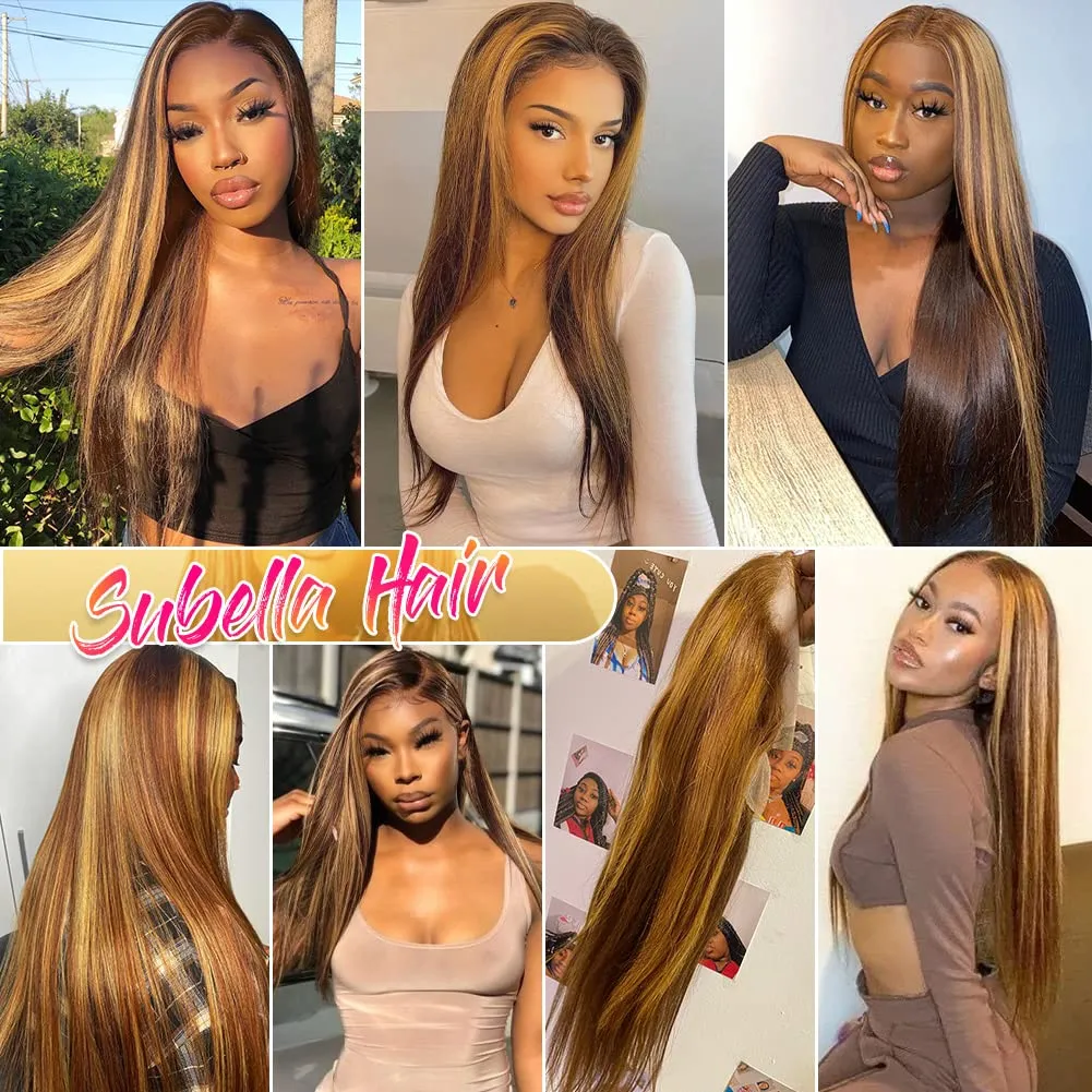 Subella 26inch Straight 4/27 Highlight 13x4 HD Transparent Lace Front Wigs Human Hair Glueless Straight Lace Frontal Wigs Pre Plucked with Baby Hair 180% Density