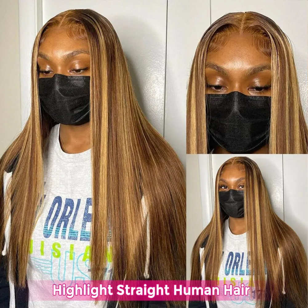 Subella 26inch Straight 4/27 Highlight 13x4 HD Transparent Lace Front Wigs Human Hair Glueless Straight Lace Frontal Wigs Pre Plucked with Baby Hair 180% Density